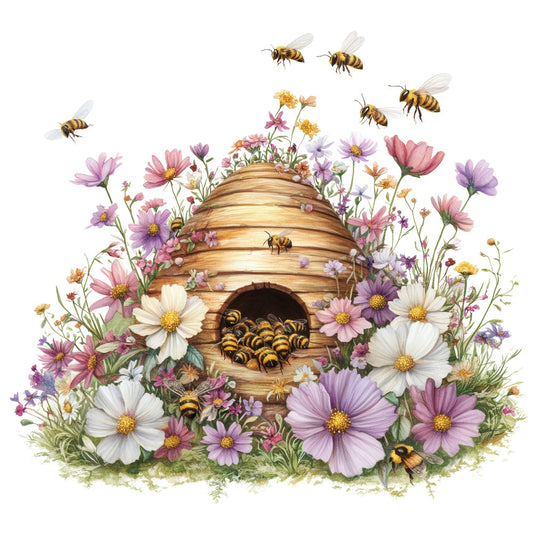 Rustic Beehive with Flowers Fabric Panel 26
