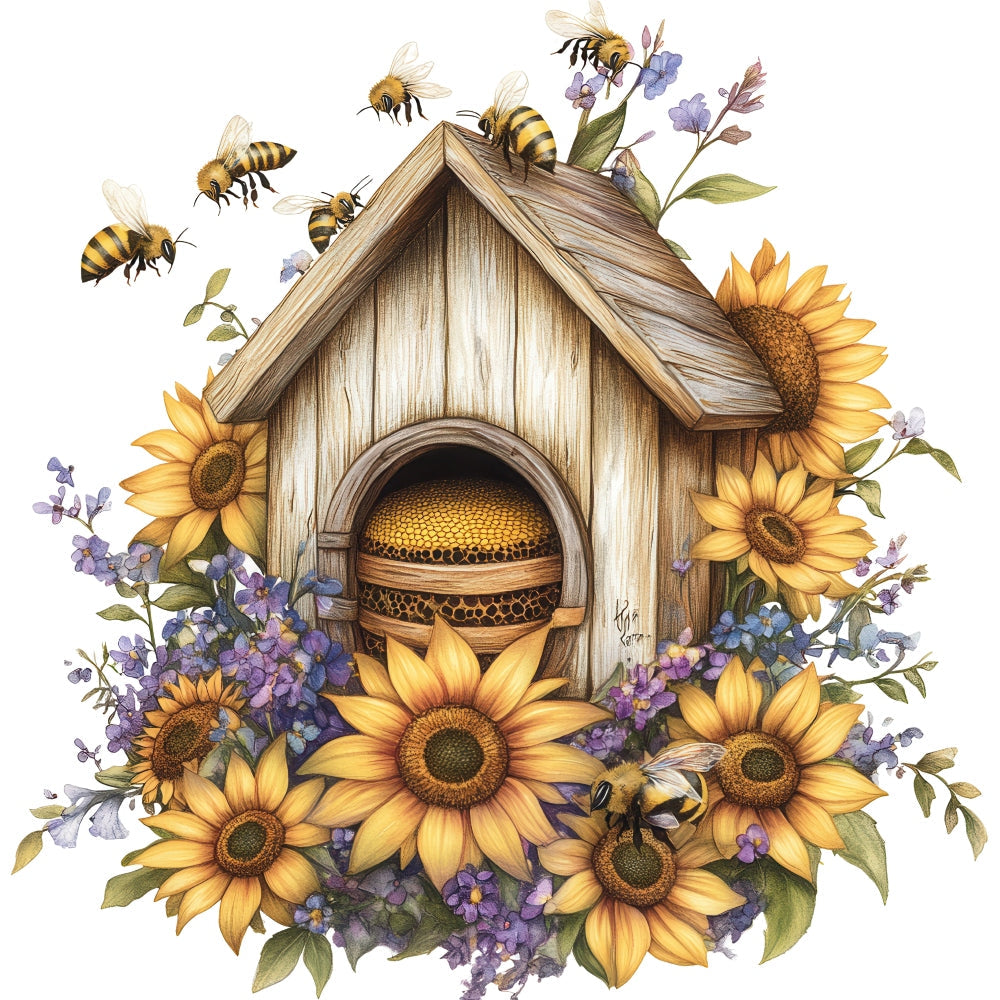 Rustic Beehive with Flowers Fabric Panel 29
