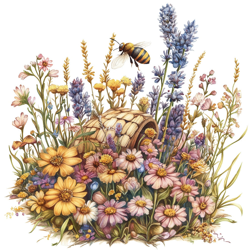 Rustic Beehive with Flowers Fabric Panel 35