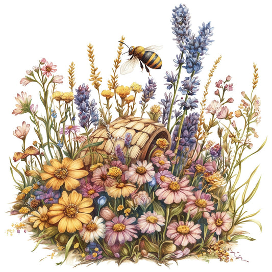 Rustic Beehive with Flowers Fabric Panel 35