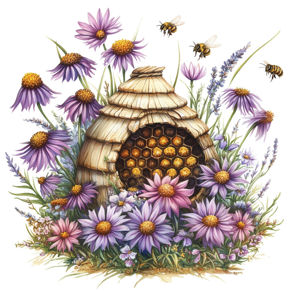 Rustic Beehive with Flowers Fabric Panel 4