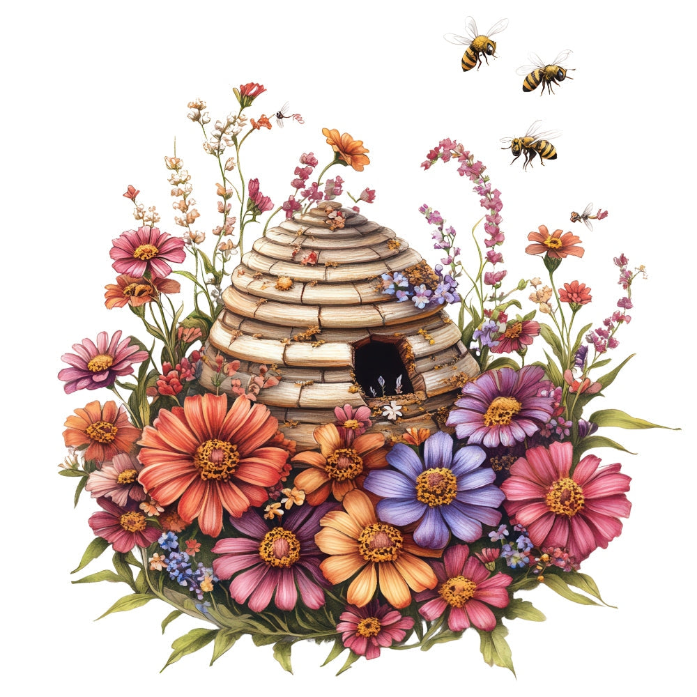 Rustic Beehive with Flowers Fabric Panel 9