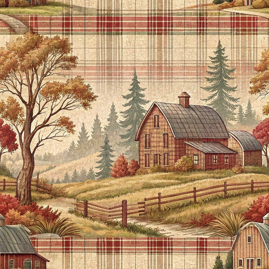 Rustic illustration of a countryside scene with a barn, trees, and hills. A plaid pattern overlays the image, combining autumn hues of red, orange, and beige.