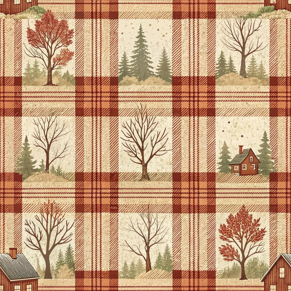 A checkered pattern with trees, houses, and foliage in shades of red, green, and beige, resembling a rustic quilt design.