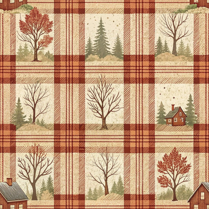 A checkered pattern with trees, houses, and foliage in shades of red, green, and beige, resembling a rustic quilt design.