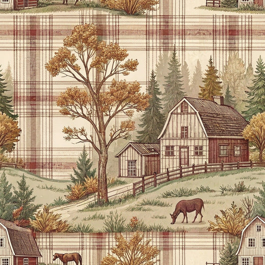 Patterned fabric with pastoral scene: a tree, barn, and grazing horses overlaid on plaid background.