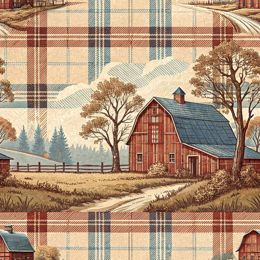 Plaid pattern with illustrations of red barns, trees, and a dirt path set against a countryside background.