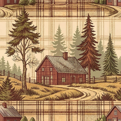 Vintage-style illustration of a countryside scene with houses, trees, and hills against a plaid patterned background.