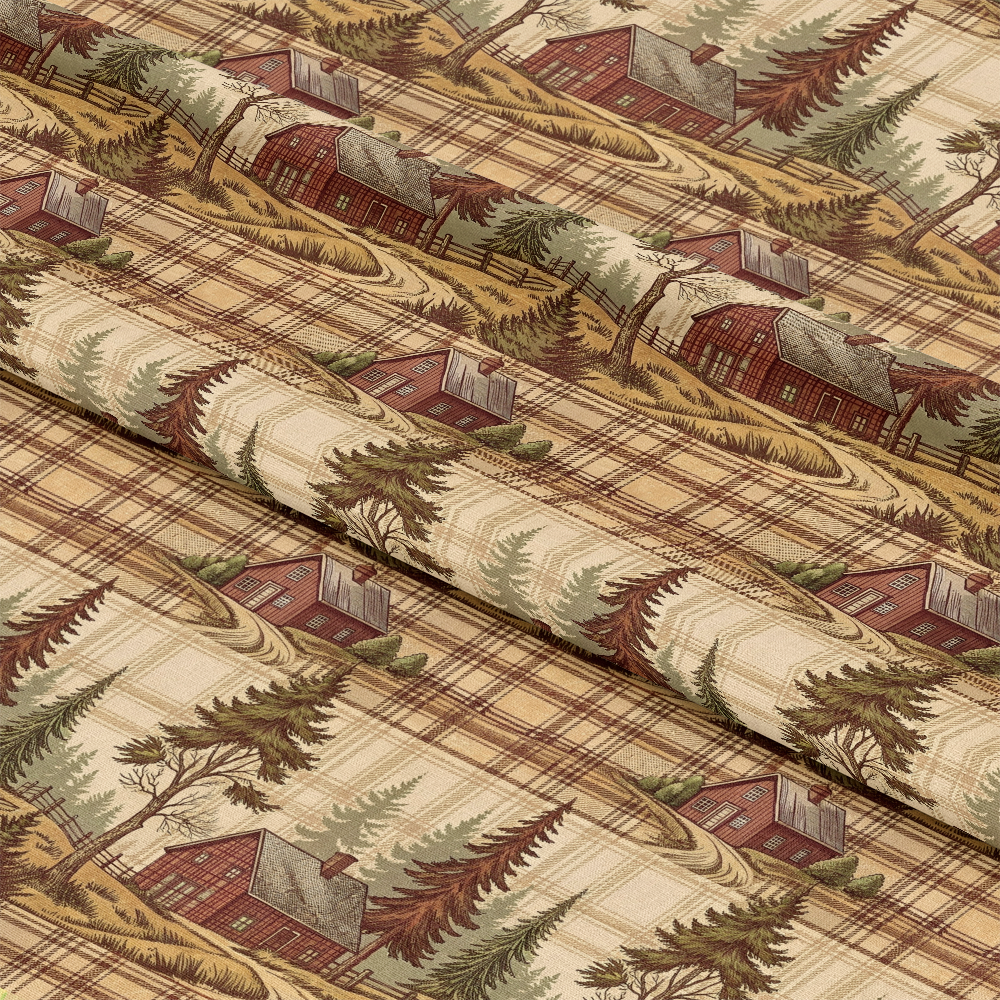 - Rustic Country Farmhouse Plaid Pattern 6 Quilting Cotton Fabric
- Country farmhouse, cabin, trees, scenic, plaid, checkered
- Cotton quilting material, tan, brown, green, cream, red hues
- Cozy, vintage, rural, nature-inspired, traditional textile design
