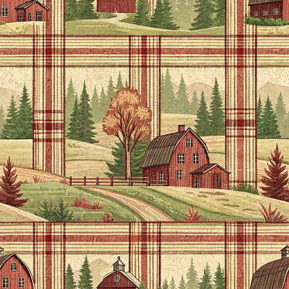 Patterned fabric with red barns, trees, and hills set against a plaid background in earthy tones.
