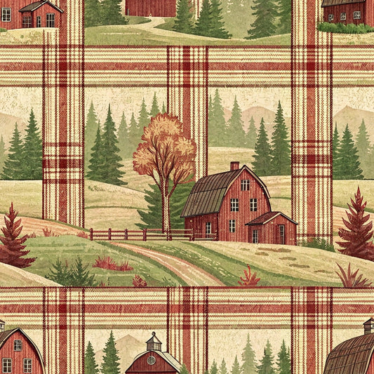 Patterned fabric with red barns, trees, and hills set against a plaid background in earthy tones.