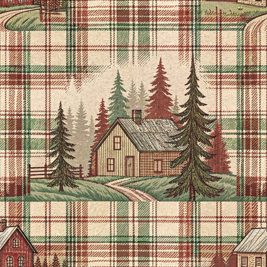 Plaid pattern with rustic cottages, pine trees, and a winding path, in earthy tones of green, red, and beige.