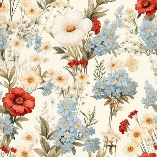 Floral pattern featuring red poppies, blue forget-me-nots, and white daisies on a cream background.