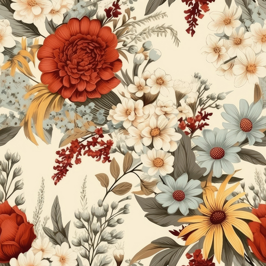 A detailed floral pattern featuring red, blue, and cream flowers with green leaves on a beige background.