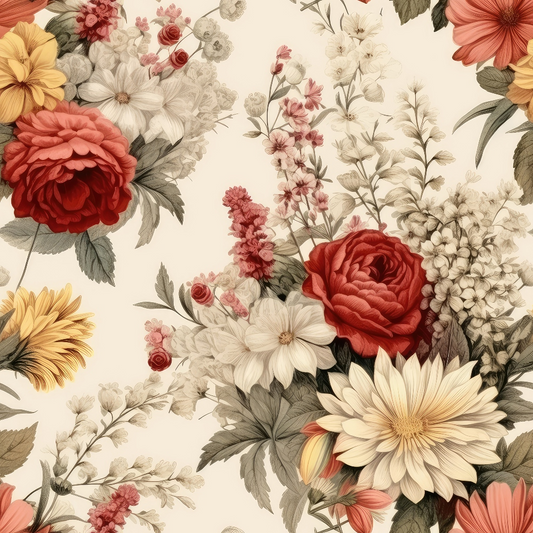 A detailed floral pattern featuring red roses, white and yellow daisies, and various small flowers against a beige background.