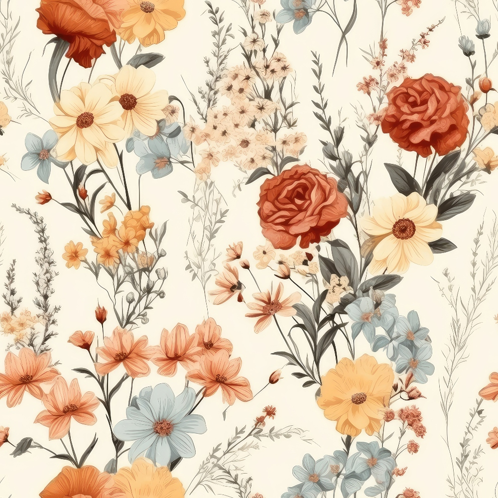 Floral pattern with illustrated red, yellow, and blue flowers interspersed with green leaves and stems on a beige background.