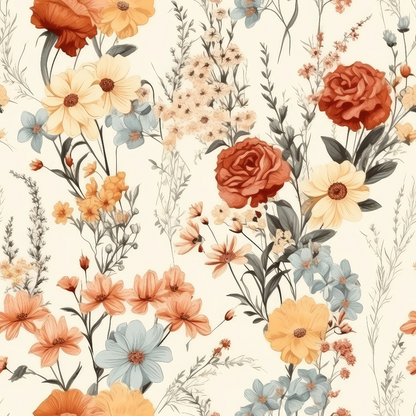 Floral pattern with illustrated red, yellow, and blue flowers interspersed with green leaves and stems on a beige background.