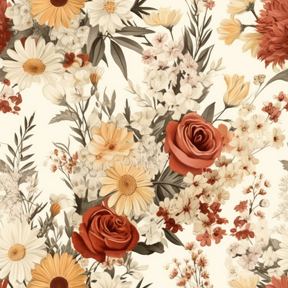 A seamless floral pattern featuring roses, daisies, and various flowers in shades of red, yellow, and white with green leaves on a light background.