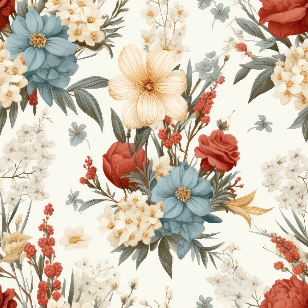 Floral pattern featuring various flowers in shades of red, blue, and cream on a light background.