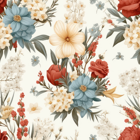 Floral pattern featuring various flowers in shades of red, blue, and cream on a light background.