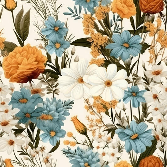 Floral pattern with orange, blue, and white flowers and green leaves on a light background.