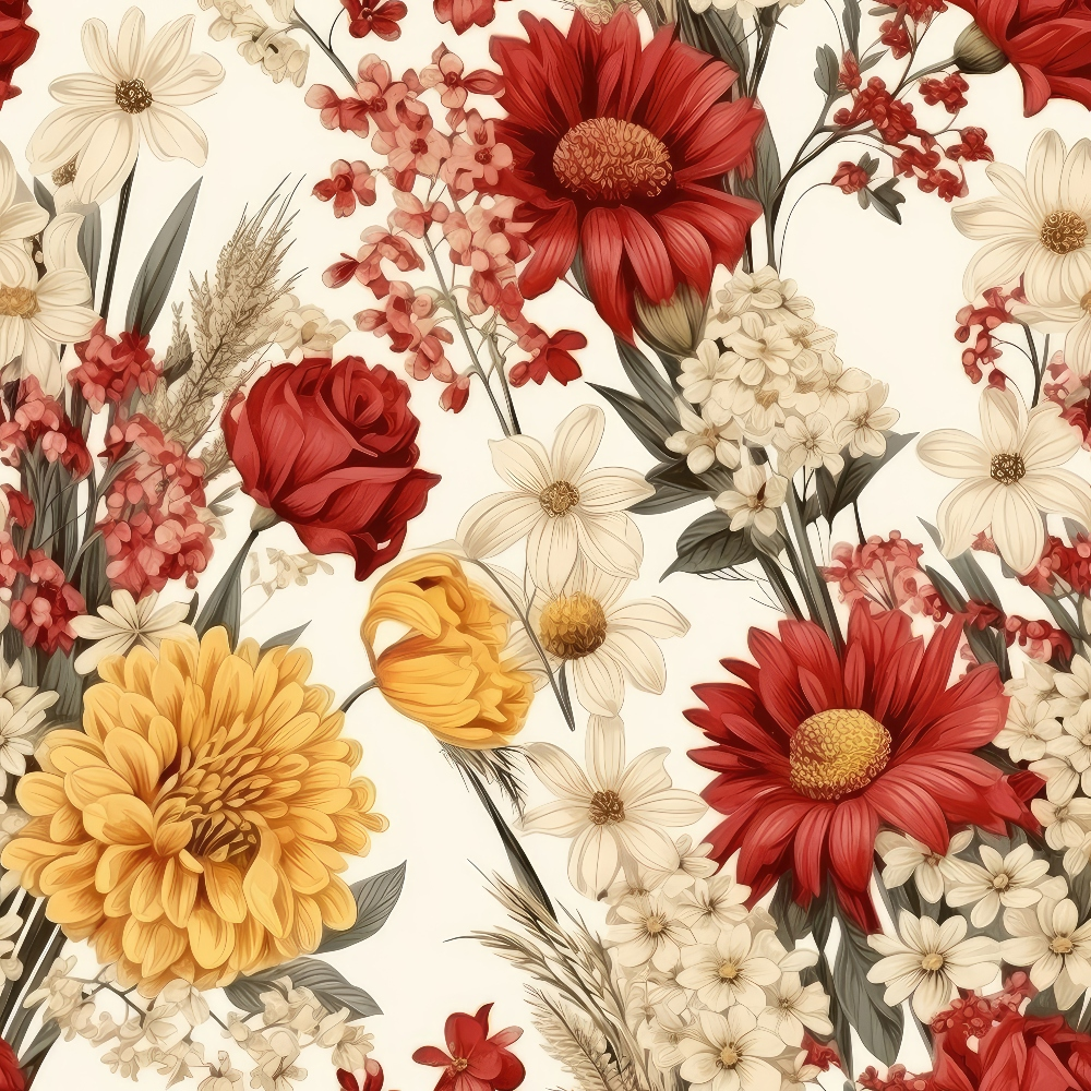 Illustration of various flowers, including red roses, yellow chrysanthemums, and white daisies, on a light background.