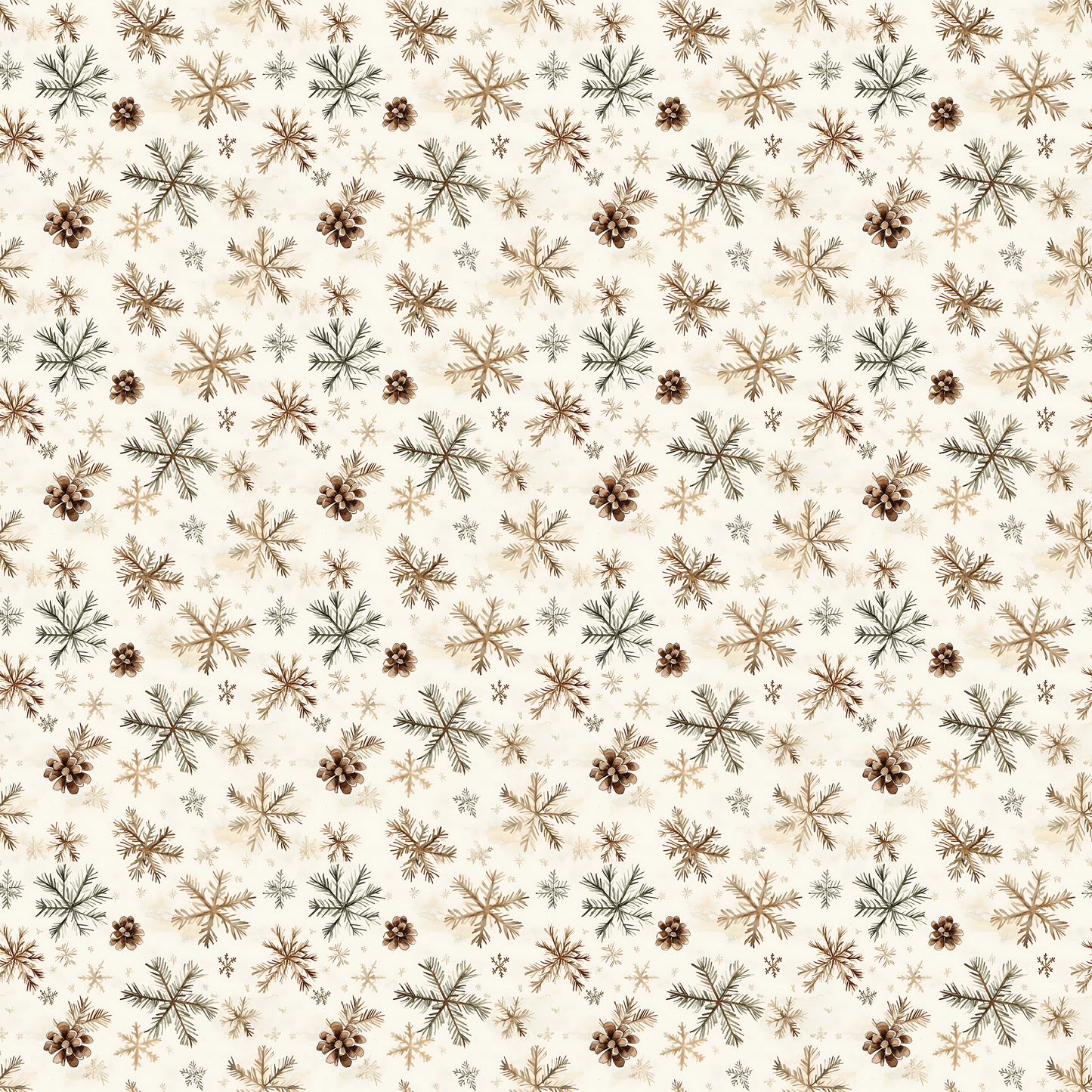 Pattern of brown and black pinecones, branches, and snowflakes on a cream background.