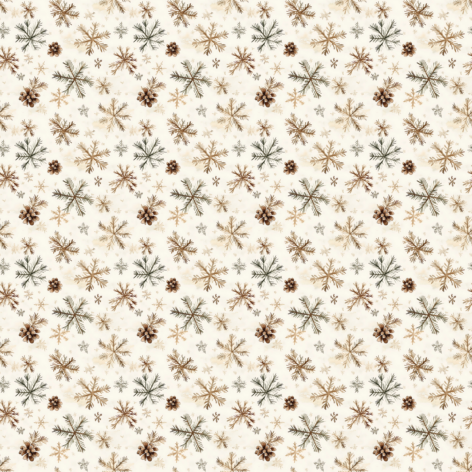 Pattern of brown and black pinecones, branches, and snowflakes on a cream background.