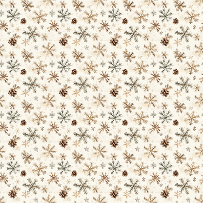 Pattern of brown and black pinecones, branches, and snowflakes on a cream background.