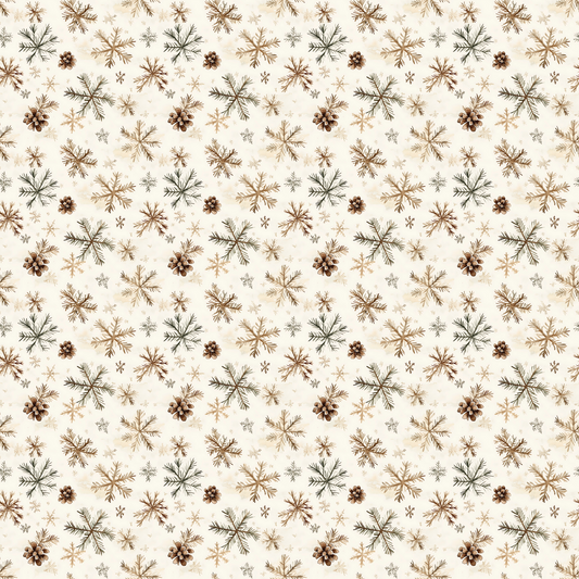 Pattern of brown and black pinecones, branches, and snowflakes on a cream background.