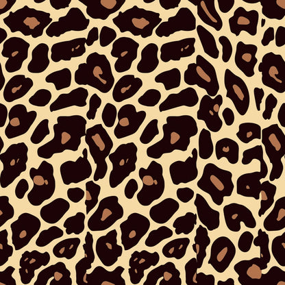 Beige and brown leopard print pattern with irregularly shaped spots scattered across the surface.