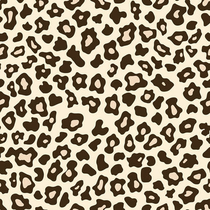 Leopard print pattern with irregular black spots on a beige background.