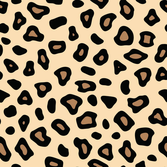 Leopard print pattern with black and brown spots on a beige background.