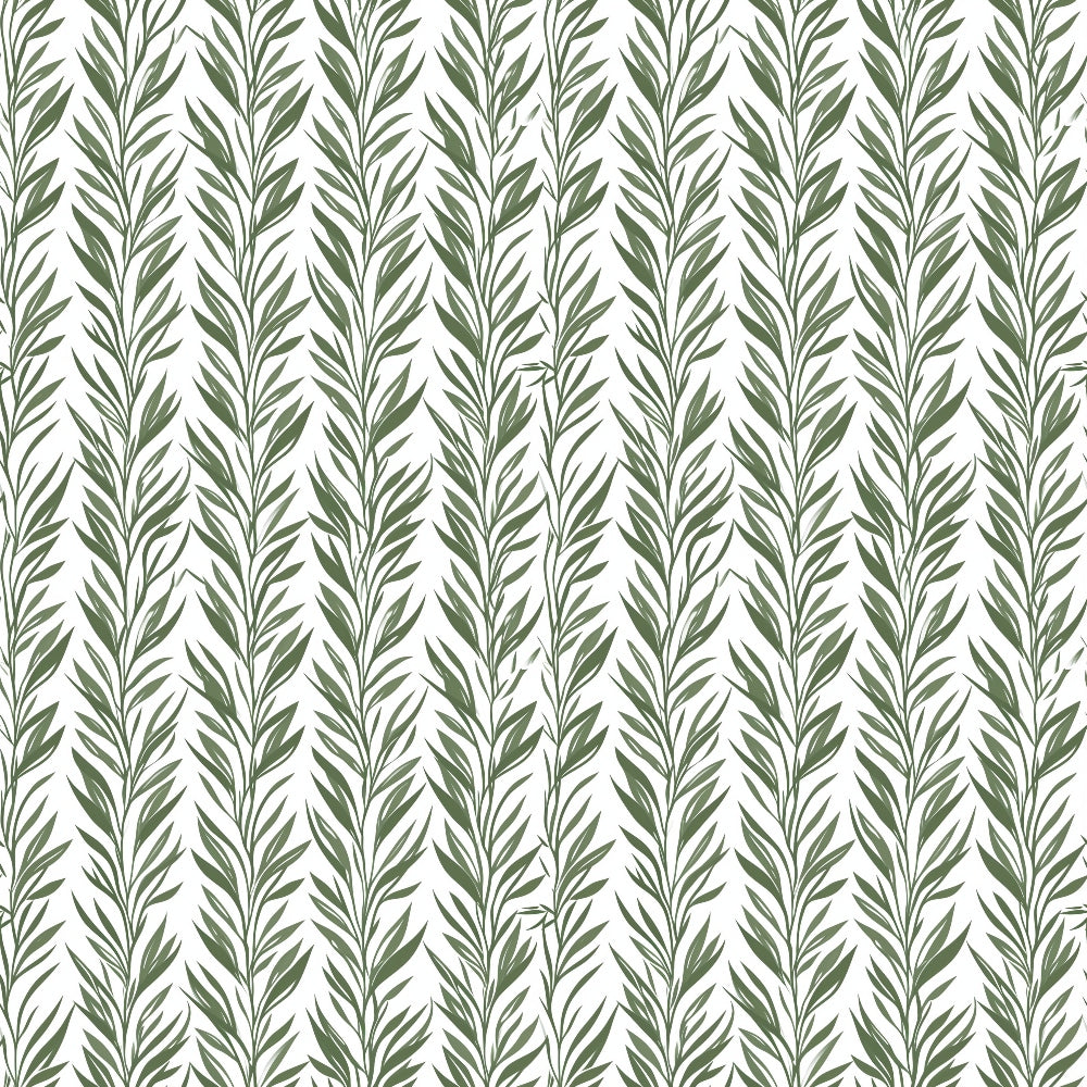 Pattern of vertical olive green leafy branches on a white background.