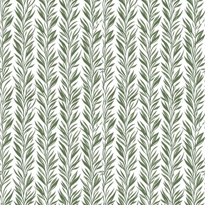 Pattern of vertical olive green leafy branches on a white background.