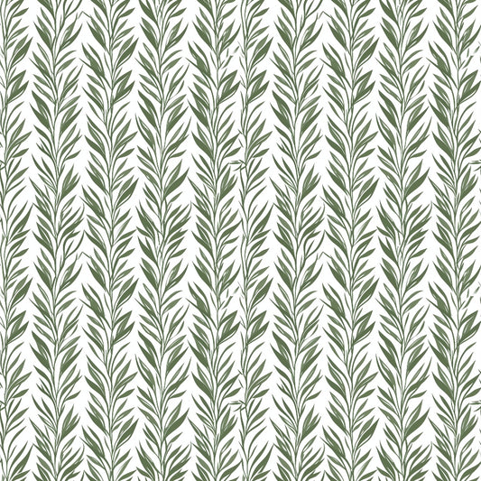 Pattern of vertical olive green leafy branches on a white background.