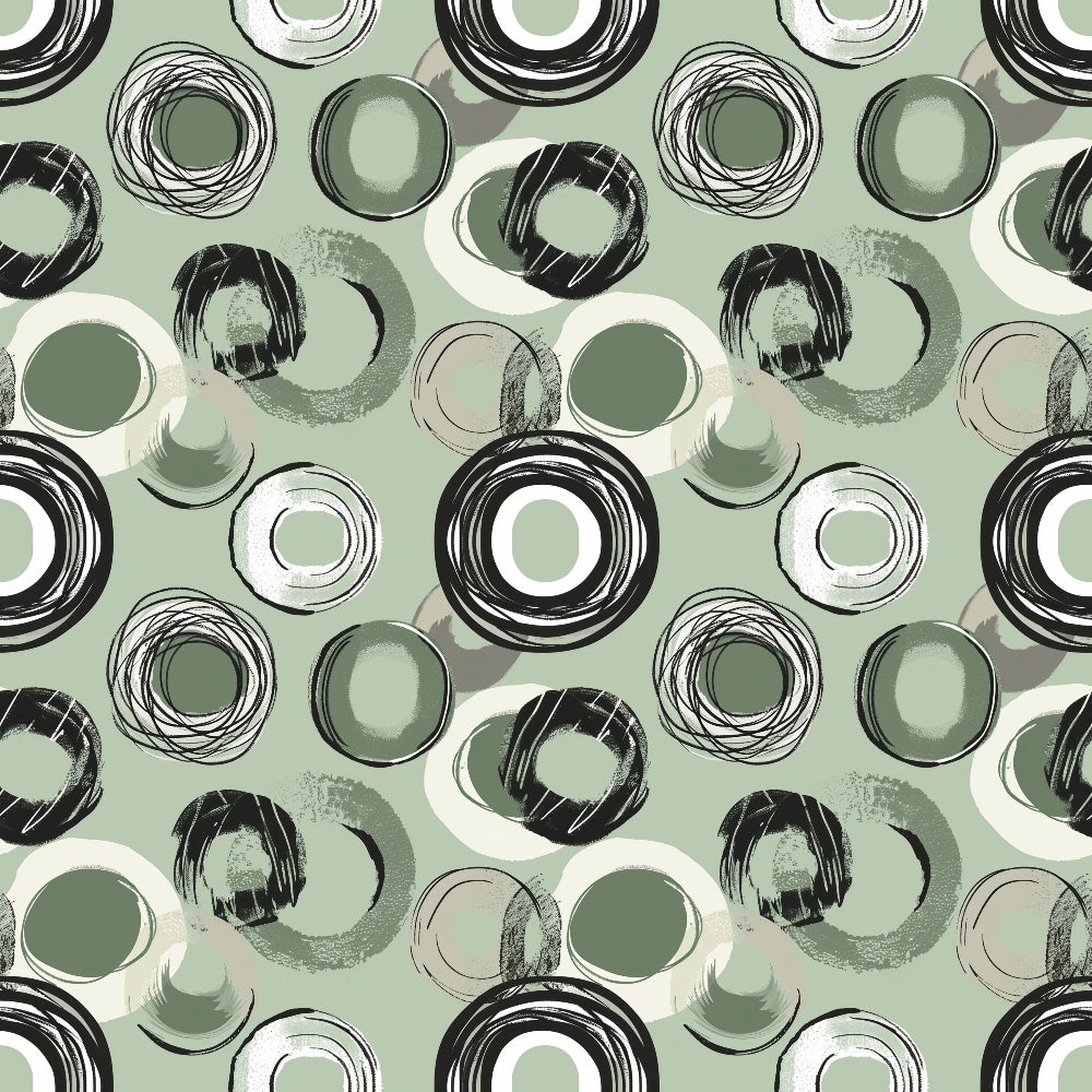 Abstract pattern with overlapping circles in black, white, and green on a light green background.