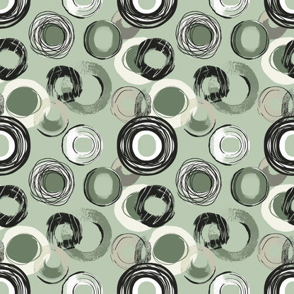 Abstract pattern with overlapping circles in black, white, and green on a light green background.