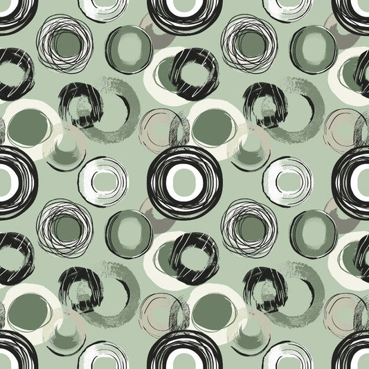 Abstract pattern with overlapping circles in black, white, and green on a light green background.
