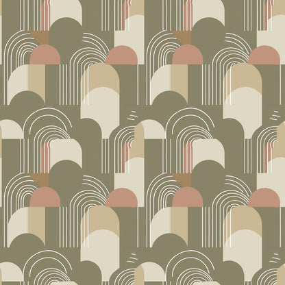 Abstract geometric pattern with arches, circles, and lines in green, beige, cream, and pink tones. The design features repetitive shapes in a symmetrical arrangement.