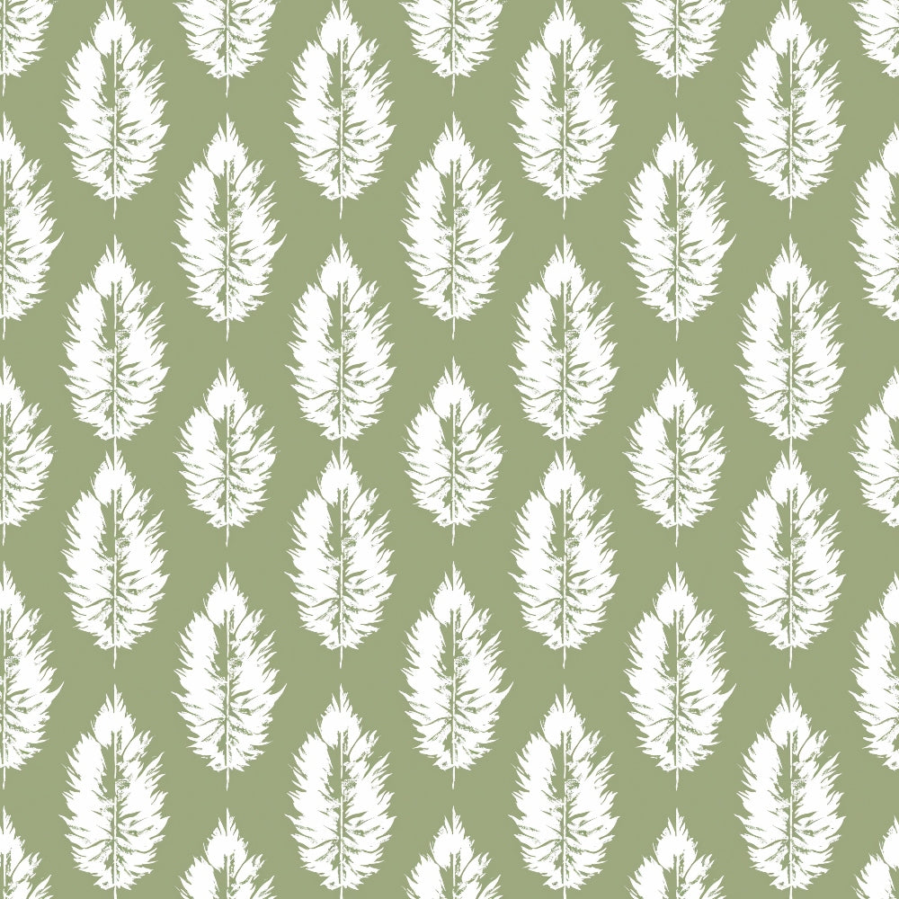 Pattern of white feather silhouettes on a green background, evenly spaced in vertical rows.