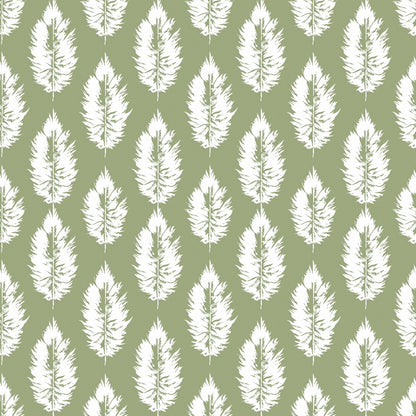 Pattern of white feather silhouettes on a green background, evenly spaced in vertical rows.