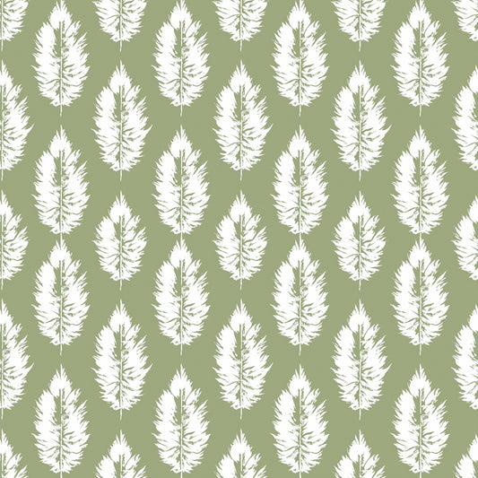 Pattern of white feather silhouettes on a green background, evenly spaced in vertical rows.