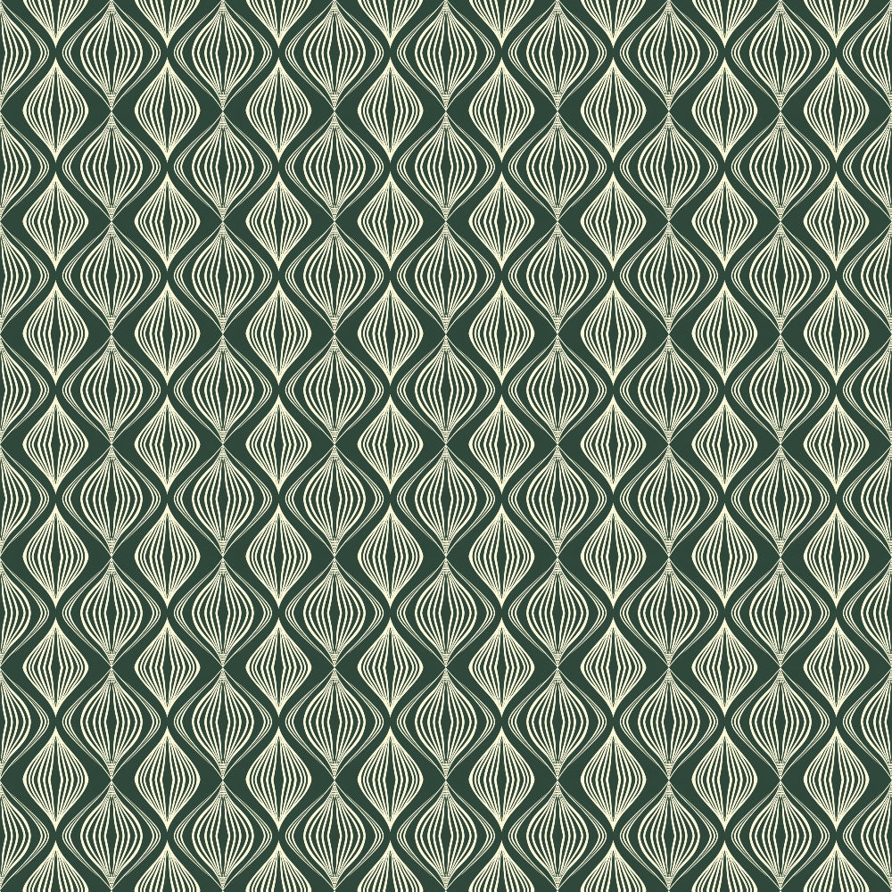 A geometric pattern with interlocking, wavy teal and cream lines forming a seamless, repetitive design.