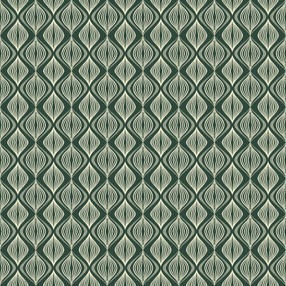 A geometric pattern with interlocking, wavy teal and cream lines forming a seamless, repetitive design.