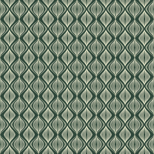 A geometric pattern with interlocking, wavy teal and cream lines forming a seamless, repetitive design.