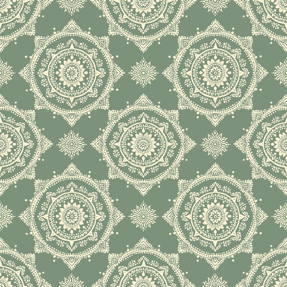 Seamless pattern with intricate cream mandalas on a muted green background.