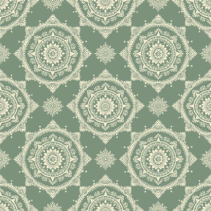 Seamless pattern with intricate cream mandalas on a muted green background.