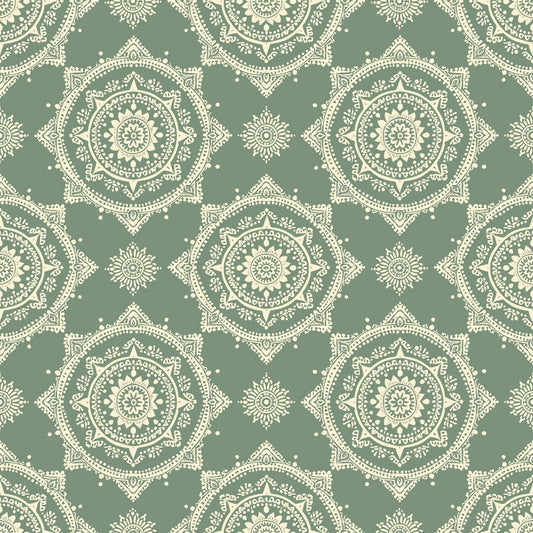 Seamless pattern with intricate cream mandalas on a muted green background.