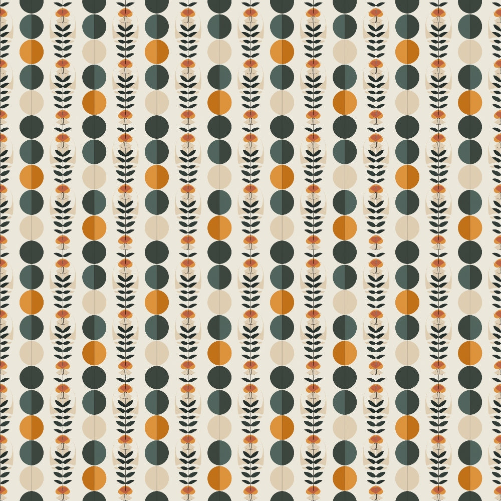 Pattern with vertical rows of alternating dark green and orange circles, interspersed with fern-like leaf designs, on a light background.
